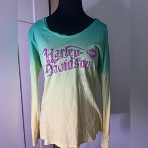 Harley-Davidson Ombre Long Sleeve Tee in Green, Yellow & Pink Logo Moto
